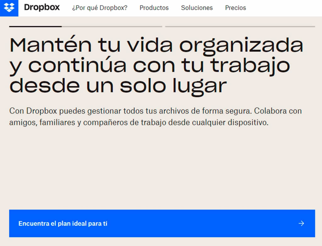 Ejemplo de copywriting en Dropbox