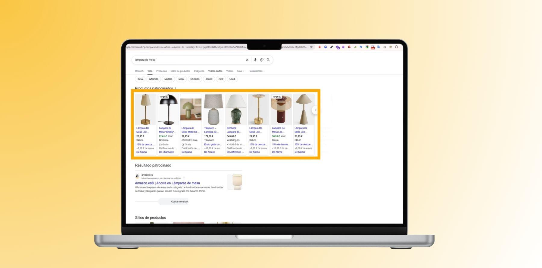 Ejemplo de cómo aparecen los productos patrocinados en Google Merchant Center