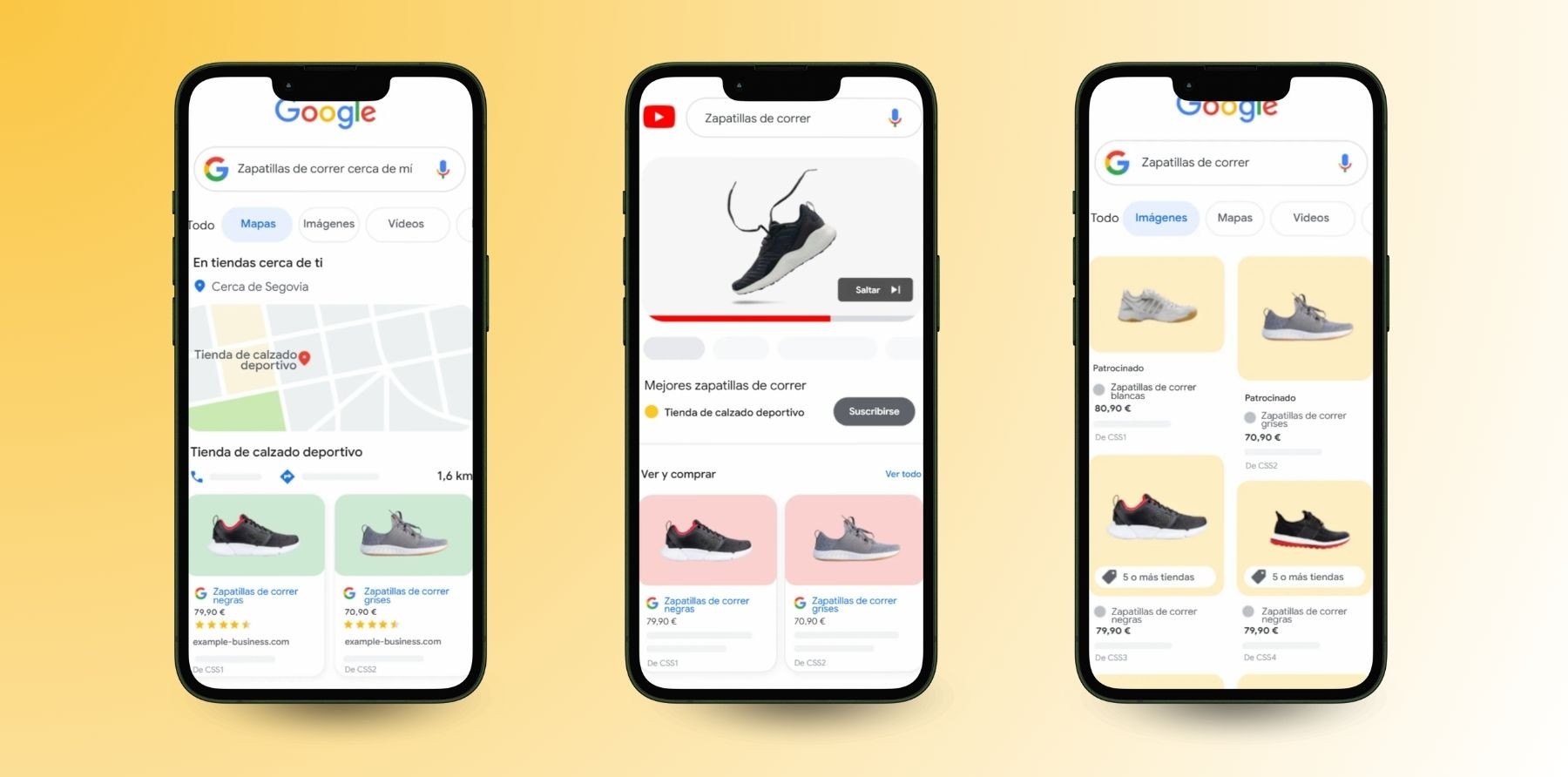 Ejemplos de las plataformas en las que se muestra el catálogo de Google Merchant Center